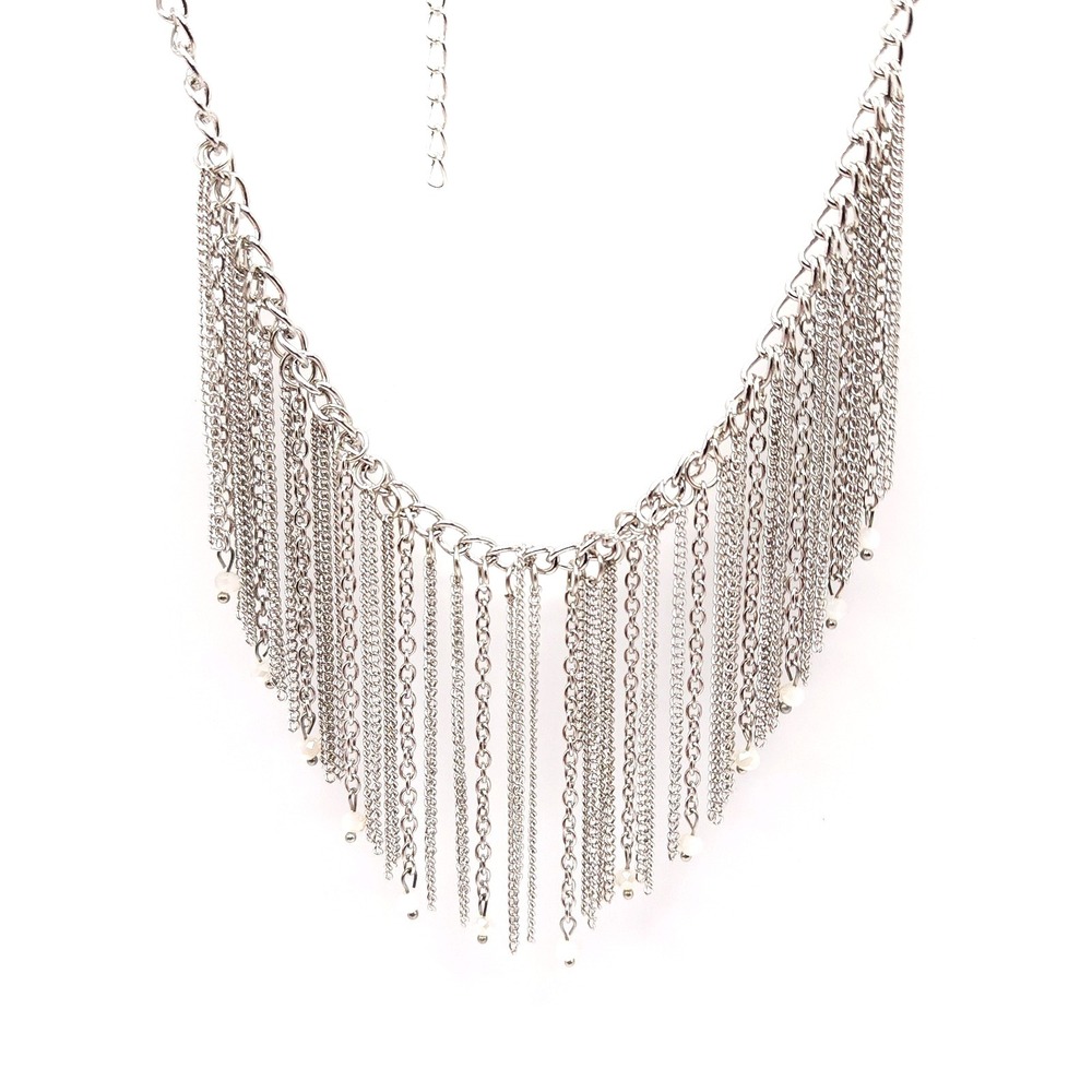 Silver Tone Fringe Necklace Milky White Beads Tassel Statement